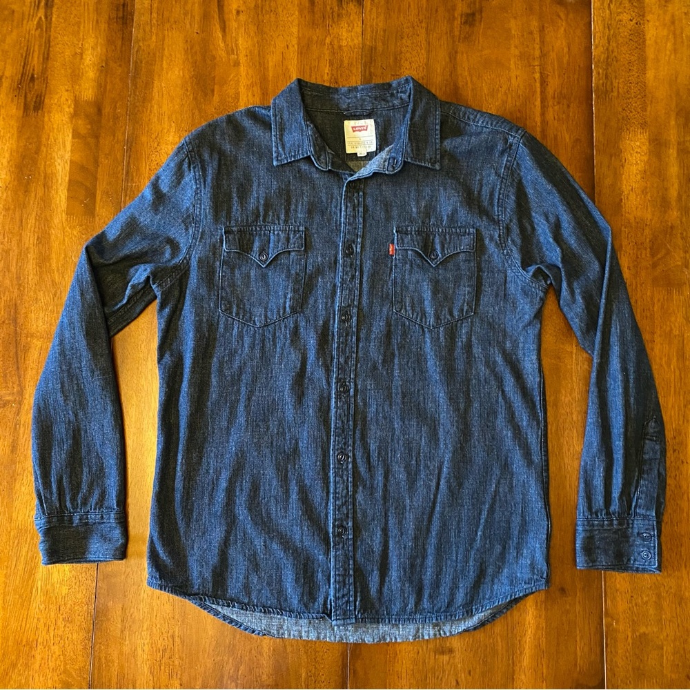 Levis Indigo Denim Long Sleeve Button-Up Western Shirt, Size Large